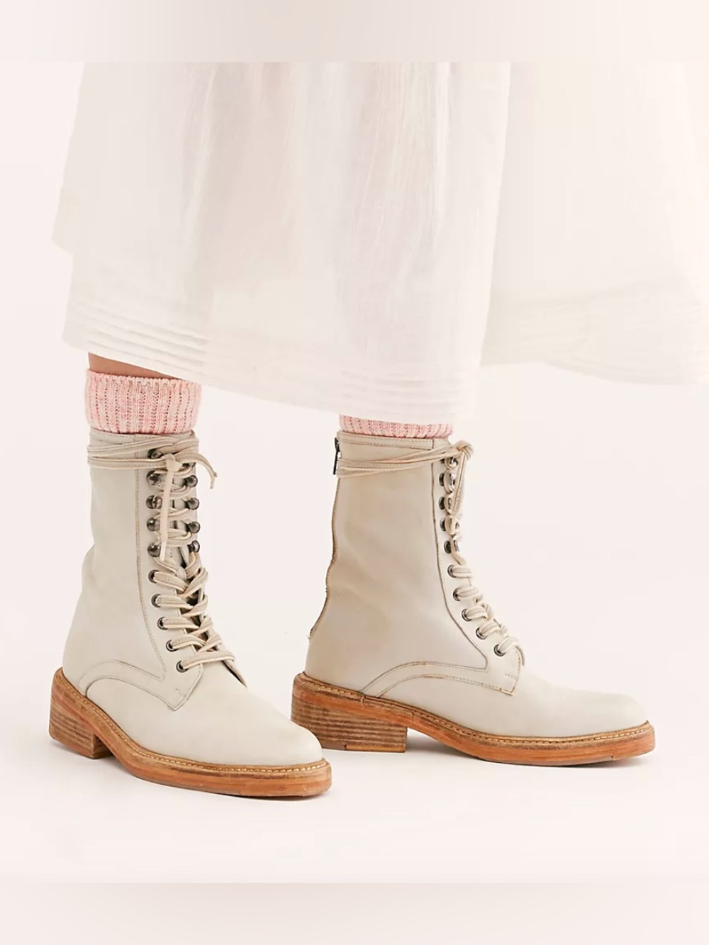 Free People Santa Fe Distressed Leather Lace-Up Boots in Ivory 37 - Picture 2 of 15